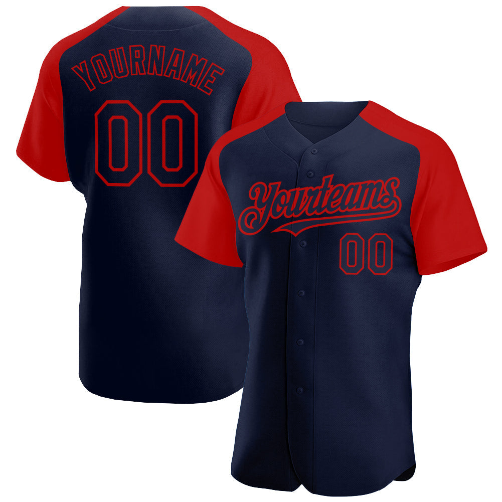 Custom Navy Red Authentic Raglan Sleeves Baseball Jersey - Sky-Custom