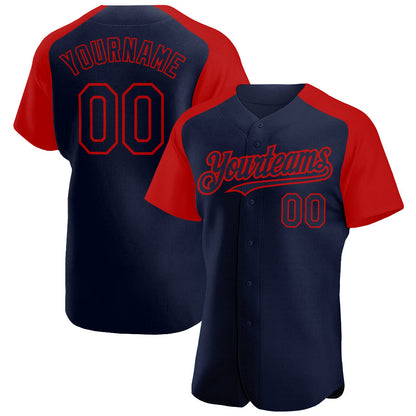 Custom Navy Red Authentic Raglan Sleeves Baseball Jersey - Sky-Custom