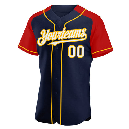 Custom Navy White Red-Gold Authentic Raglan Sleeves Baseball Jersey - Sky-Custom
