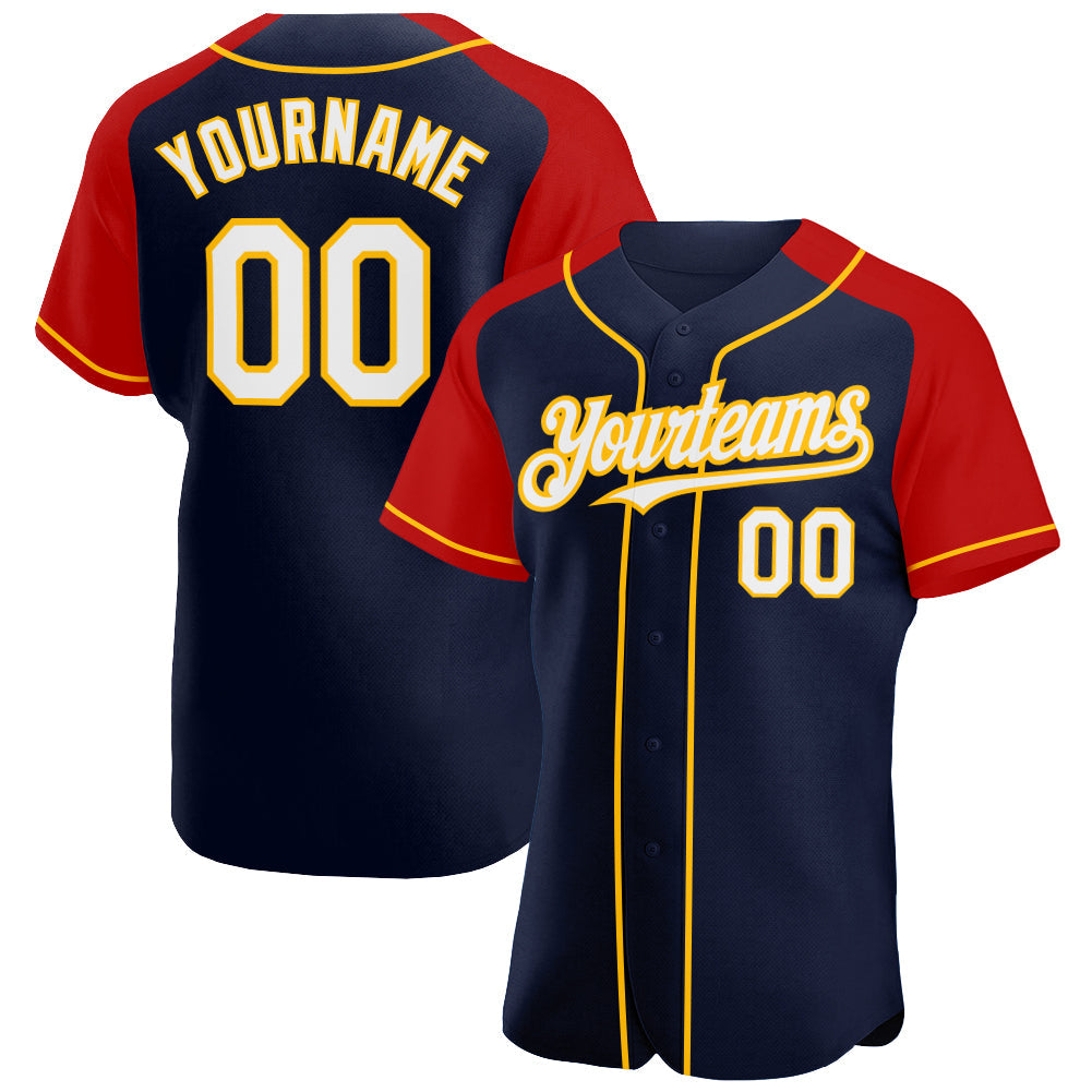 Custom Navy White Red-Gold Authentic Raglan Sleeves Baseball Jersey - Sky-Custom