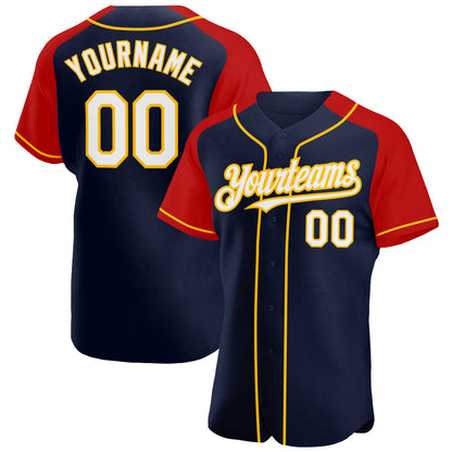 Custom Navy White Red-Gold Authentic Raglan Sleeves Baseball Jersey - Sky-Custom