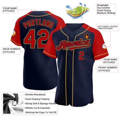 Custom Navy Red-Old Gold Authentic Raglan Sleeves Baseball Jersey - Sky-Custom