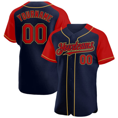 Custom Navy Red-Old Gold Authentic Raglan Sleeves Baseball Jersey - Sky-Custom