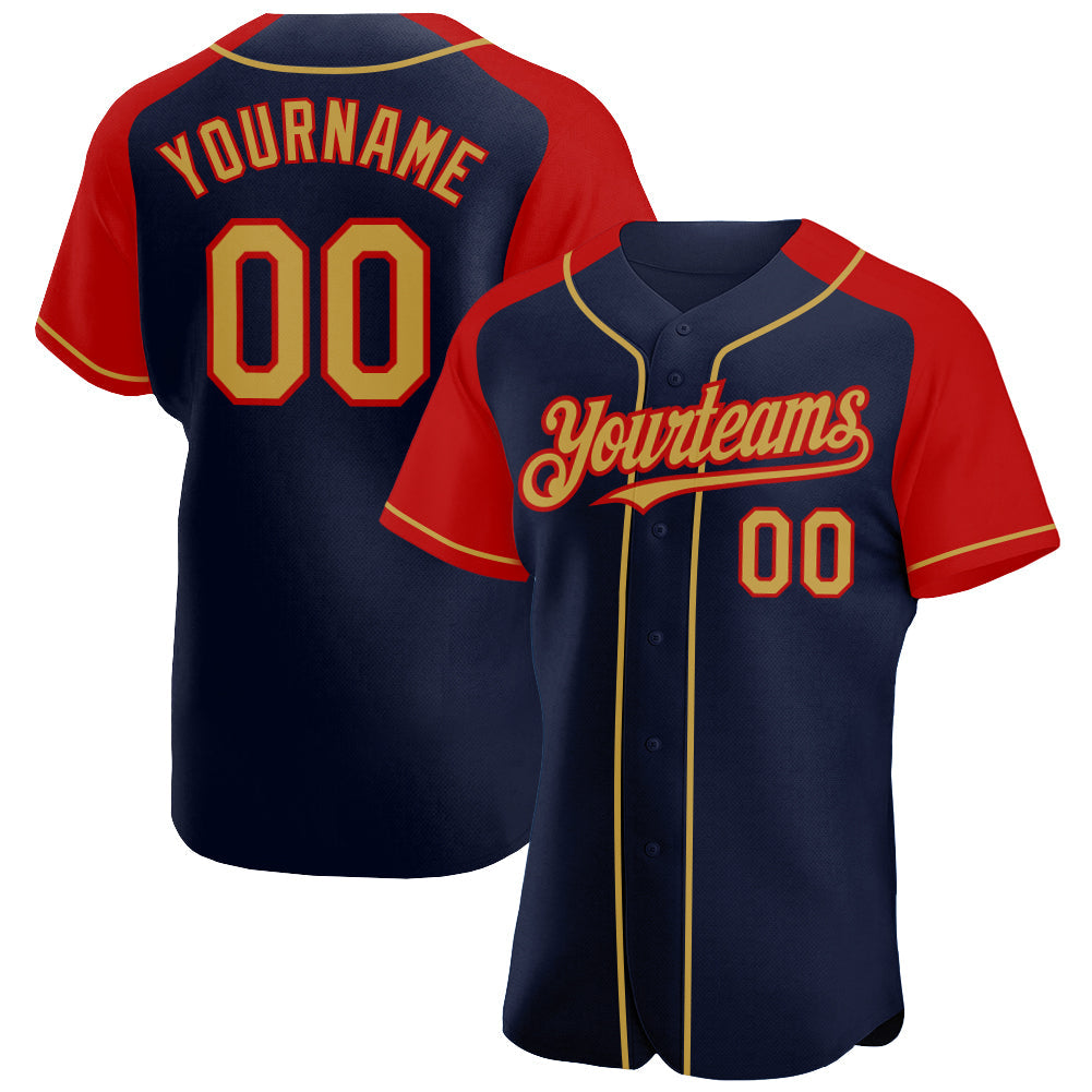 Custom Navy Old Gold-Red Authentic Raglan Sleeves Baseball Jersey - Sky-Custom