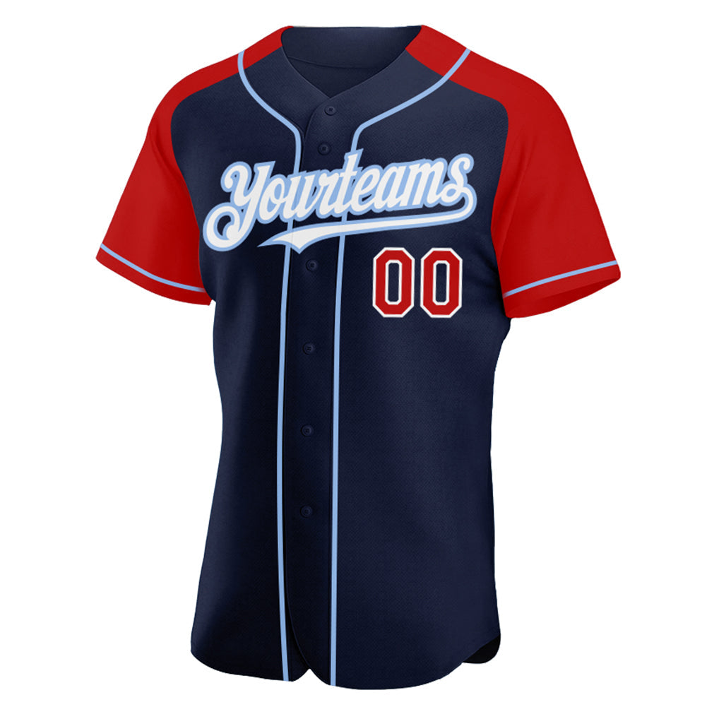 Custom Navy Red-Light Blue Authentic Raglan Sleeves Baseball Jersey - Sky-Custom