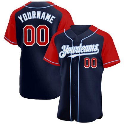 Custom Navy Red-Light Blue Authentic Raglan Sleeves Baseball Jersey - Sky-Custom