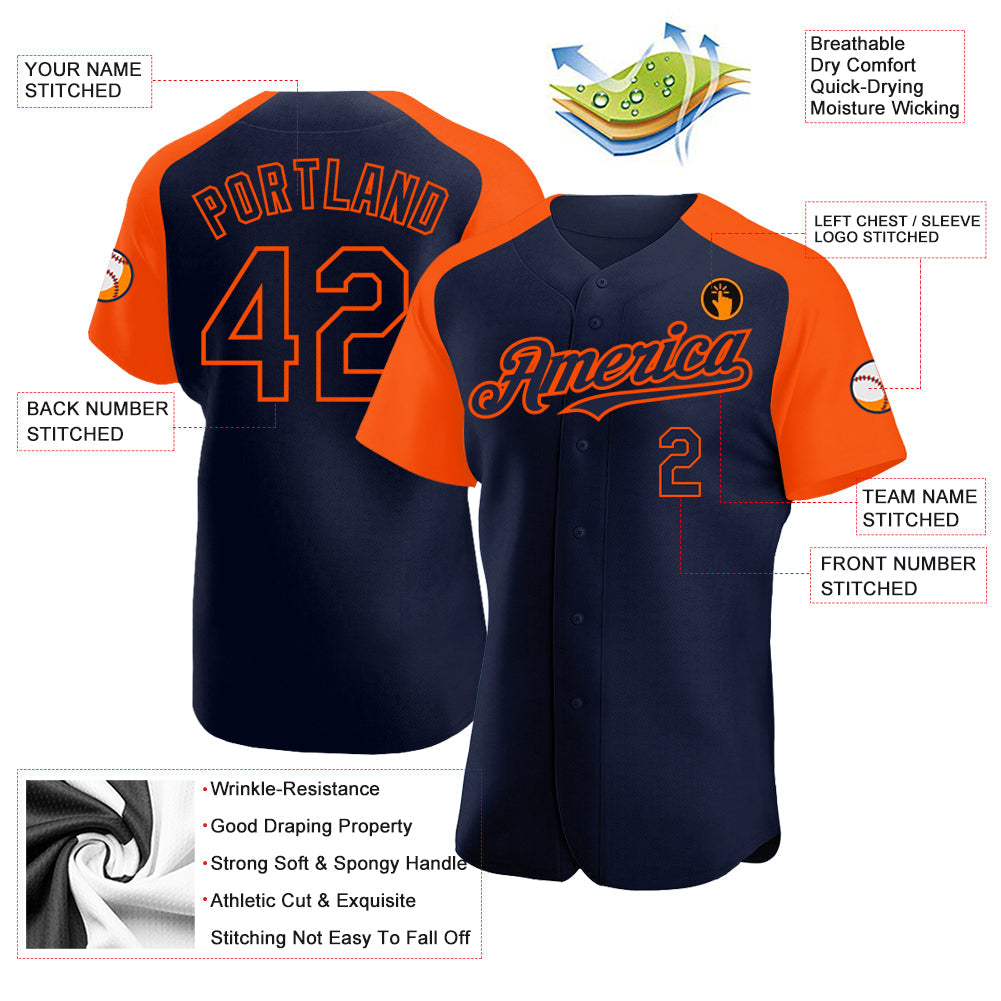 Custom Navy Orange Authentic Raglan Sleeves Baseball Jersey - Sky-Custom