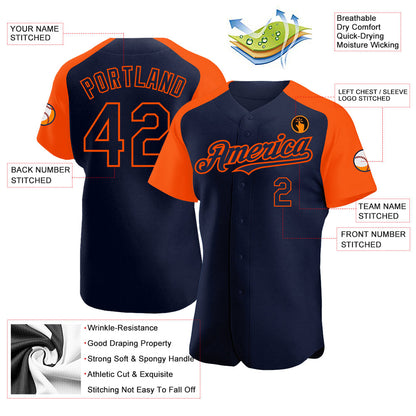 Custom Navy Orange Authentic Raglan Sleeves Baseball Jersey - Sky-Custom