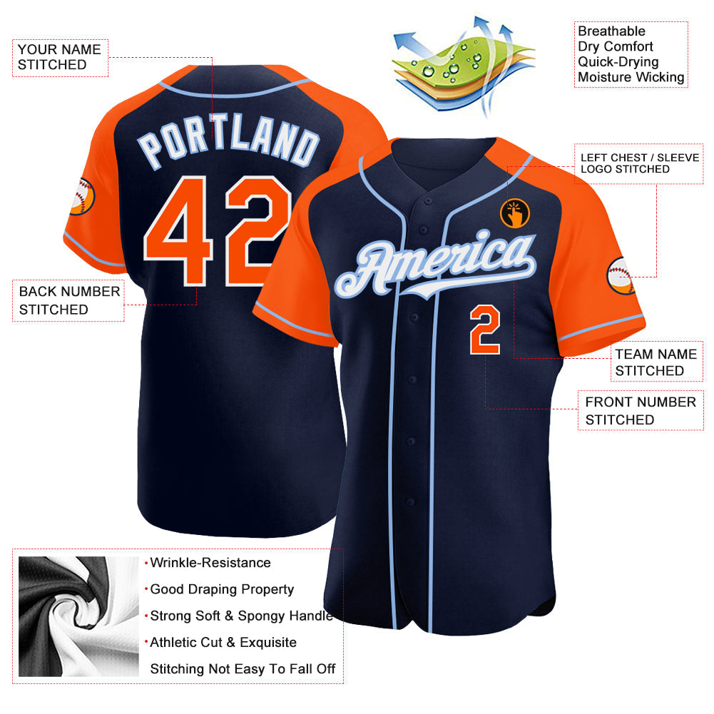 Custom Navy Orange-Light Blue Authentic Raglan Sleeves Baseball Jersey - Sky-Custom