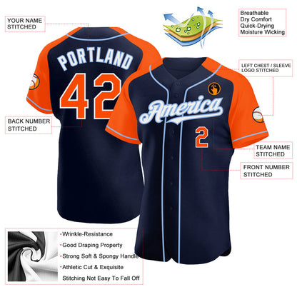 Custom Navy Orange-Light Blue Authentic Raglan Sleeves Baseball Jersey - Sky-Custom