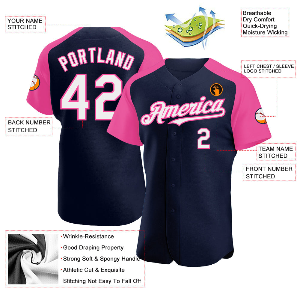 Custom Navy White-Pink Authentic Raglan Sleeves Baseball Jersey - Sky-Custom