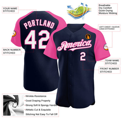 Custom Navy White-Pink Authentic Raglan Sleeves Baseball Jersey - Sky-Custom
