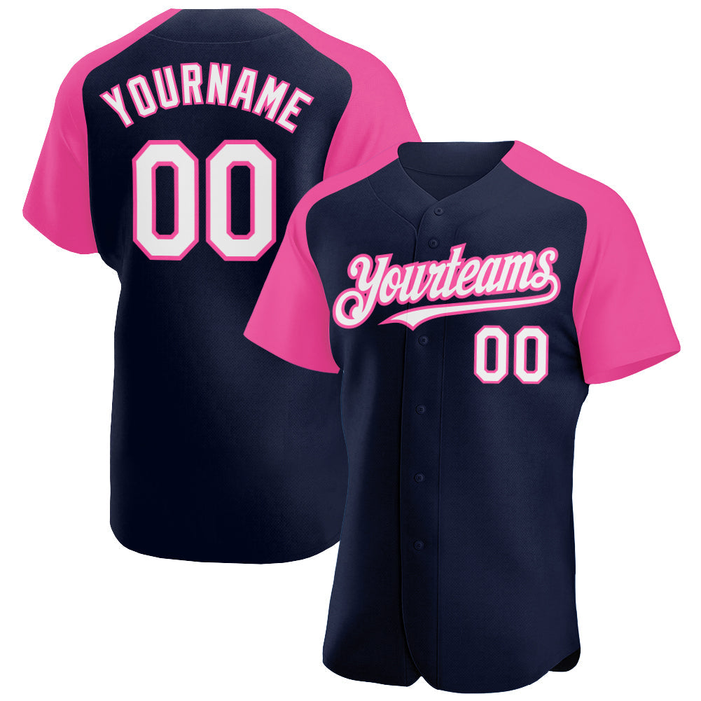 Custom Navy White-Pink Authentic Raglan Sleeves Baseball Jersey - Sky-Custom