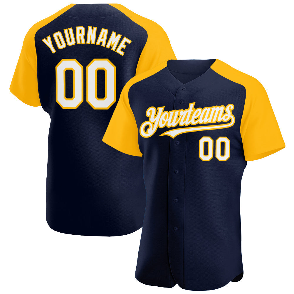 Custom Navy White-Gold Authentic Raglan Sleeves Baseball Jersey - Sky-Custom