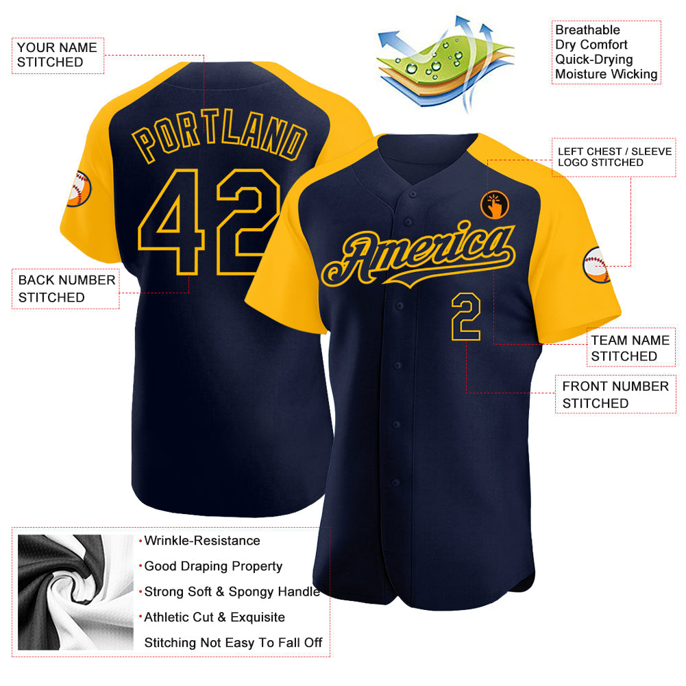 Custom Navy Gold Authentic Raglan Sleeves Baseball Jersey - Sky-Custom