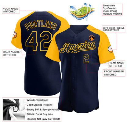 Custom Navy Gold Authentic Raglan Sleeves Baseball Jersey - Sky-Custom