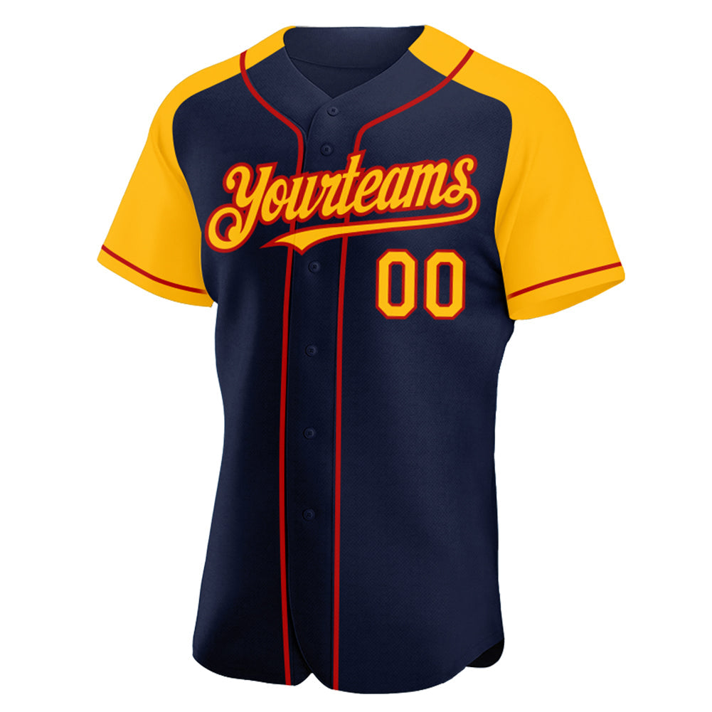 Custom Navy Gold-Red Authentic Raglan Sleeves Baseball Jersey - Sky-Custom