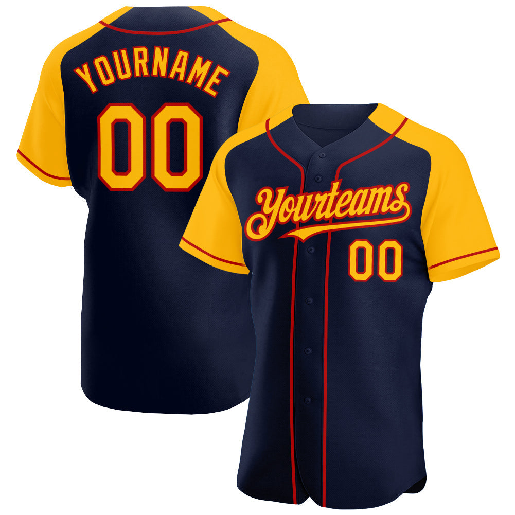 Custom Navy Gold-Red Authentic Raglan Sleeves Baseball Jersey - Sky-Custom