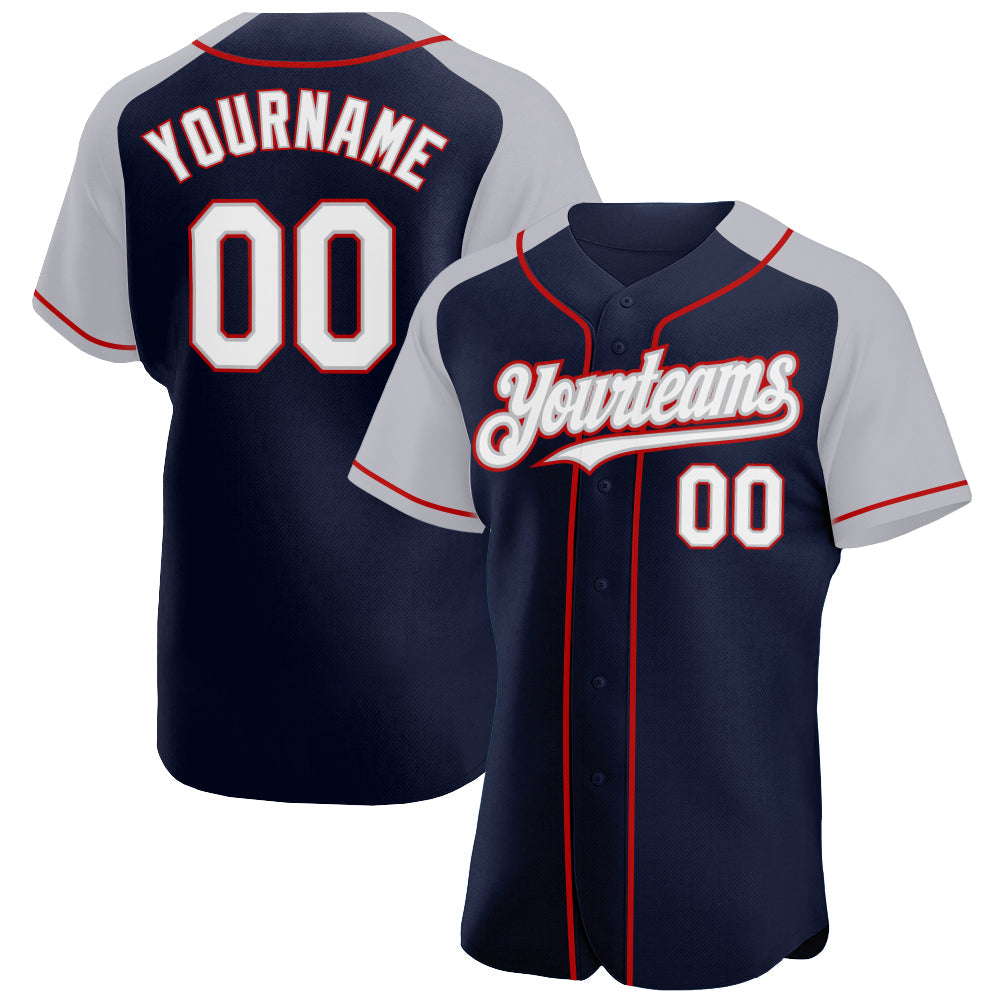 Custom Navy White Gray-Red Authentic Raglan Sleeves Baseball Jersey - Sky-Custom