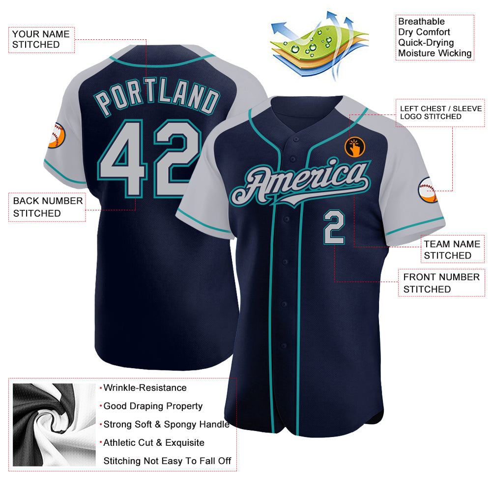 Custom Navy Gray-Teal Authentic Raglan Sleeves Baseball Jersey - Sky-Custom