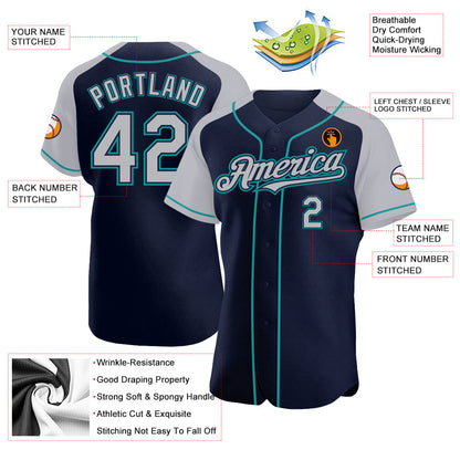 Custom Navy Gray-Teal Authentic Raglan Sleeves Baseball Jersey - Sky-Custom