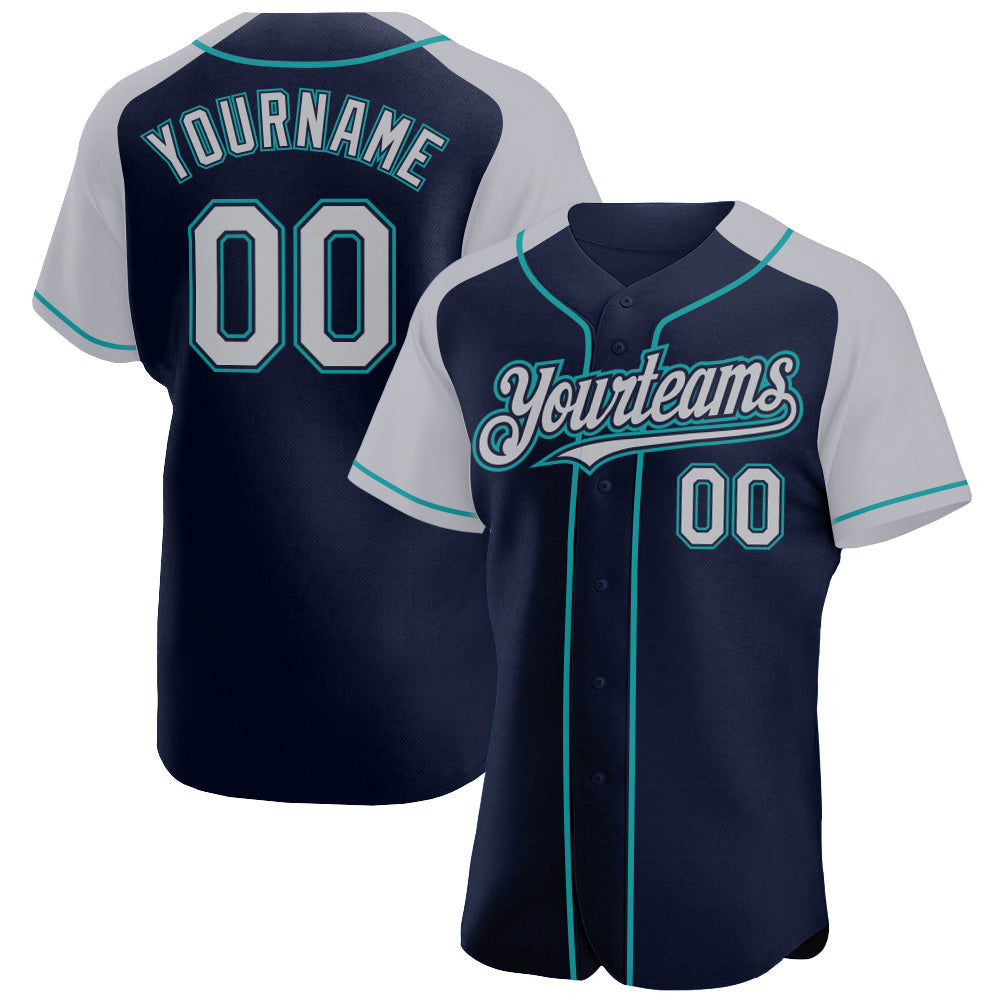 Custom Navy Gray-Teal Authentic Raglan Sleeves Baseball Jersey - Sky-Custom