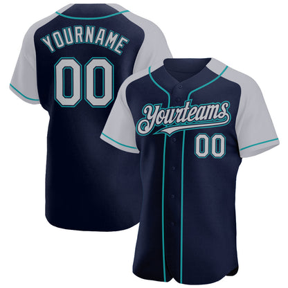 Custom Navy Gray-Teal Authentic Raglan Sleeves Baseball Jersey - Sky-Custom