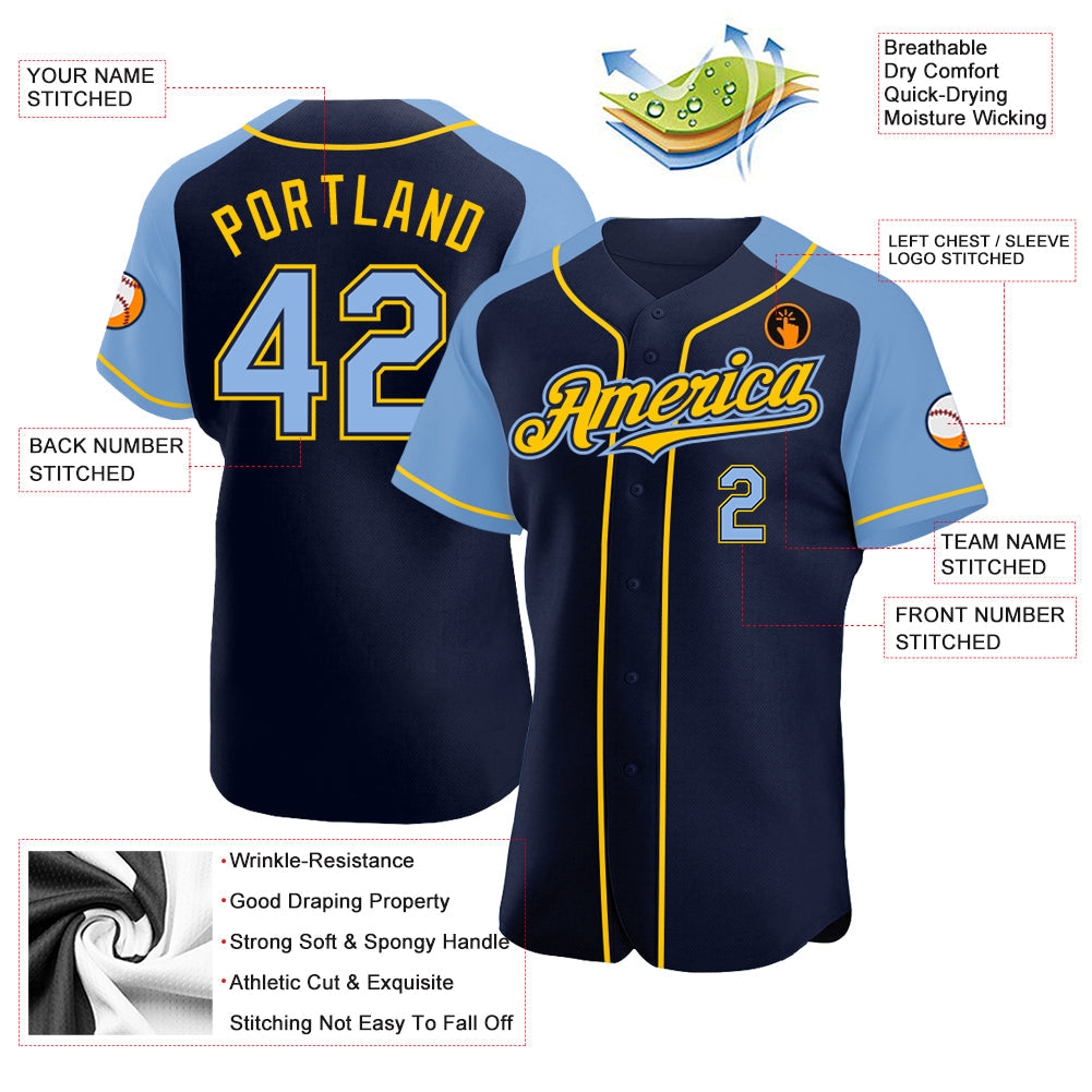 Custom Navy Light Blue-Yellow Authentic Raglan Sleeves Baseball Jersey - Sky-Custom
