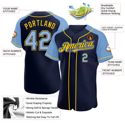 Custom Navy Light Blue-Yellow Authentic Raglan Sleeves Baseball Jersey - Sky-Custom