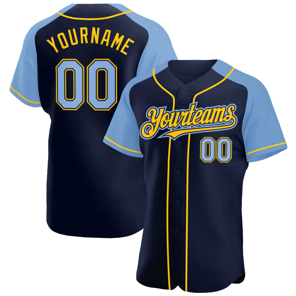 Custom Navy Light Blue-Yellow Authentic Raglan Sleeves Baseball Jersey - Sky-Custom