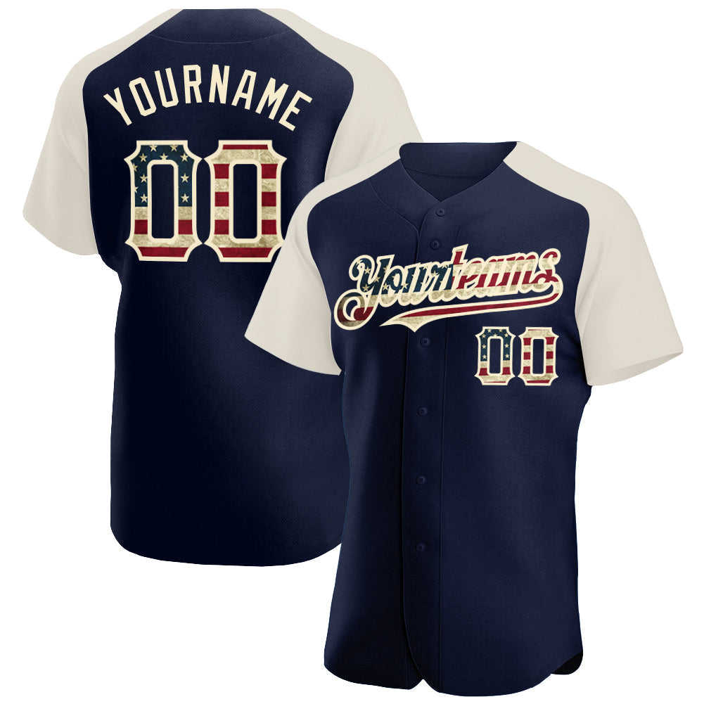 Custom Navy Vintage USA Flag-Cream Authentic Raglan Sleeves Baseball Jersey - Sky-Custom