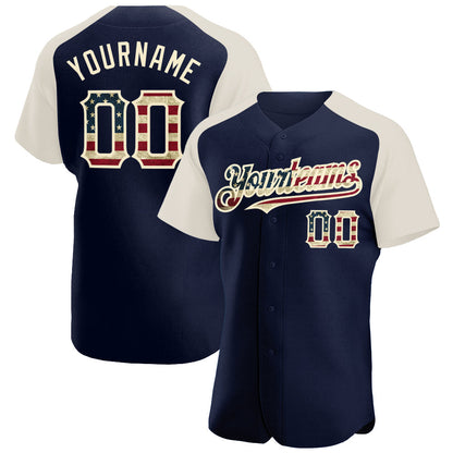 Custom Navy Vintage USA Flag-Cream Authentic Raglan Sleeves Baseball Jersey - Sky-Custom