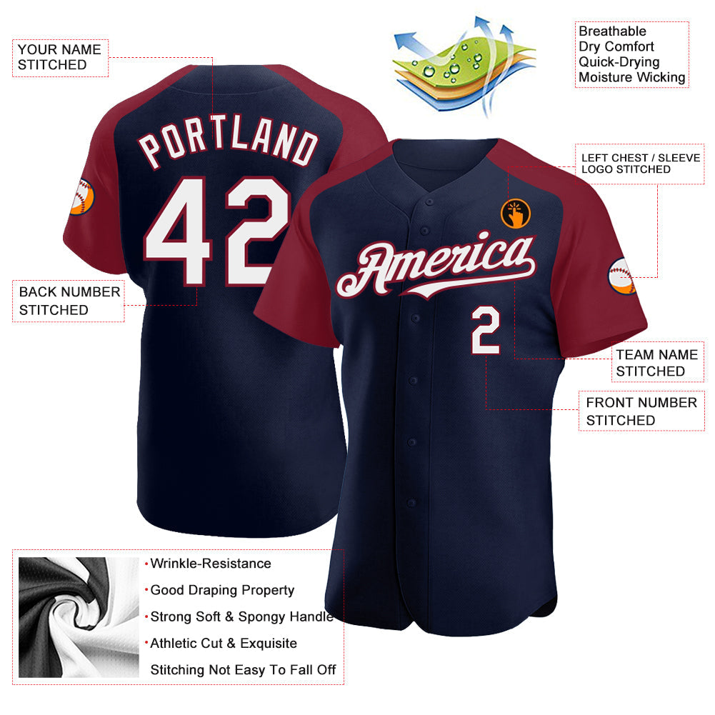 Custom Navy White-Crimson Authentic Raglan Sleeves Baseball Jersey - Sky-Custom