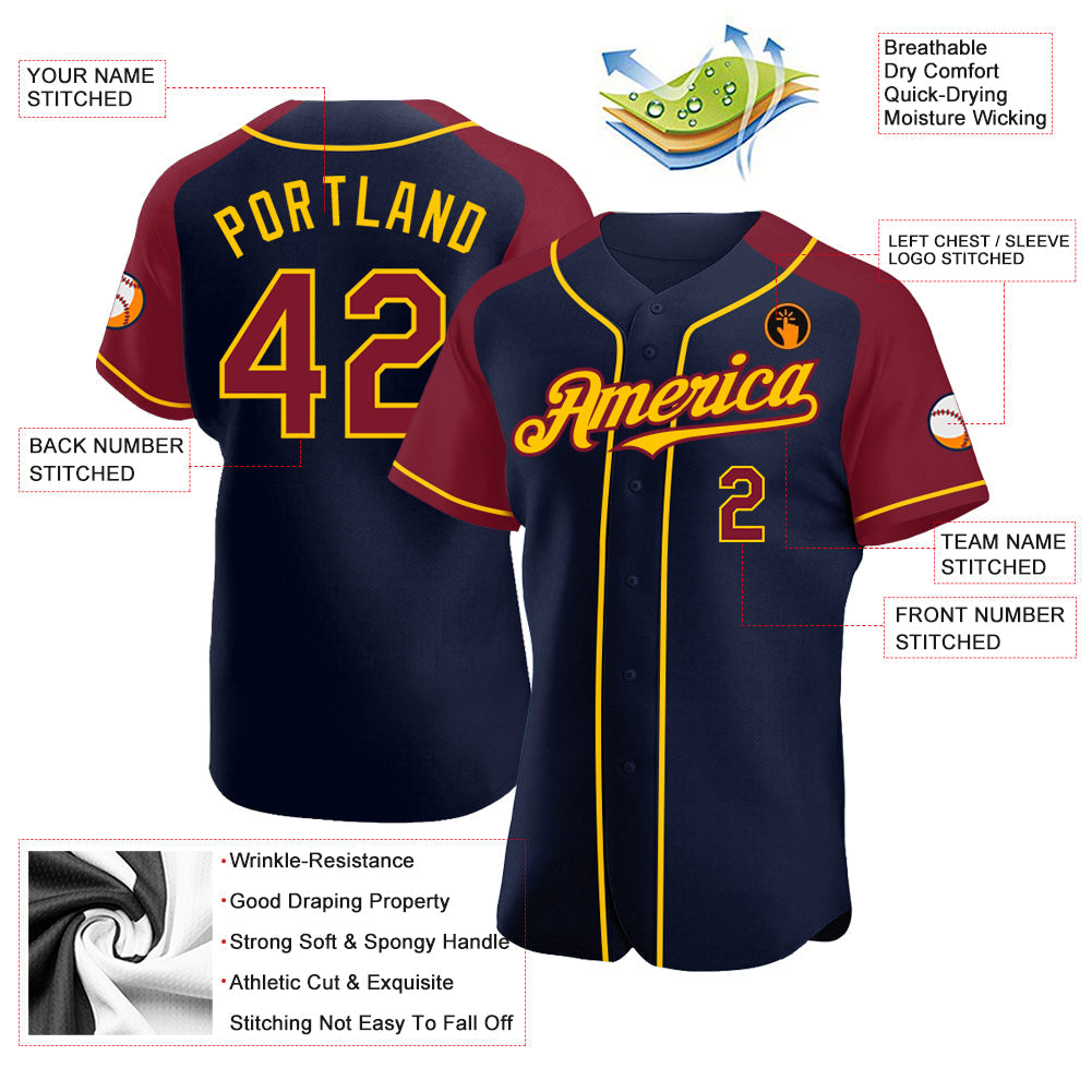 Custom Navy Crimson-Yellow Authentic Raglan Sleeves Baseball Jersey - Sky-Custom