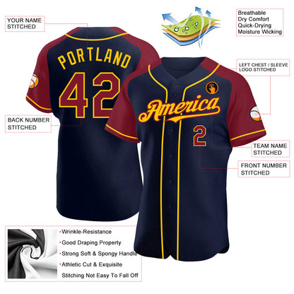 Custom Navy Crimson-Yellow Authentic Raglan Sleeves Baseball Jersey - Sky-Custom