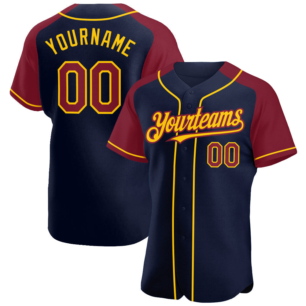 Custom Navy Crimson-Yellow Authentic Raglan Sleeves Baseball Jersey - Sky-Custom