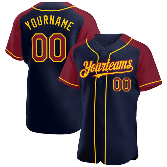 Custom Navy Crimson-Yellow Authentic Raglan Sleeves Baseball Jersey - Sky-Custom