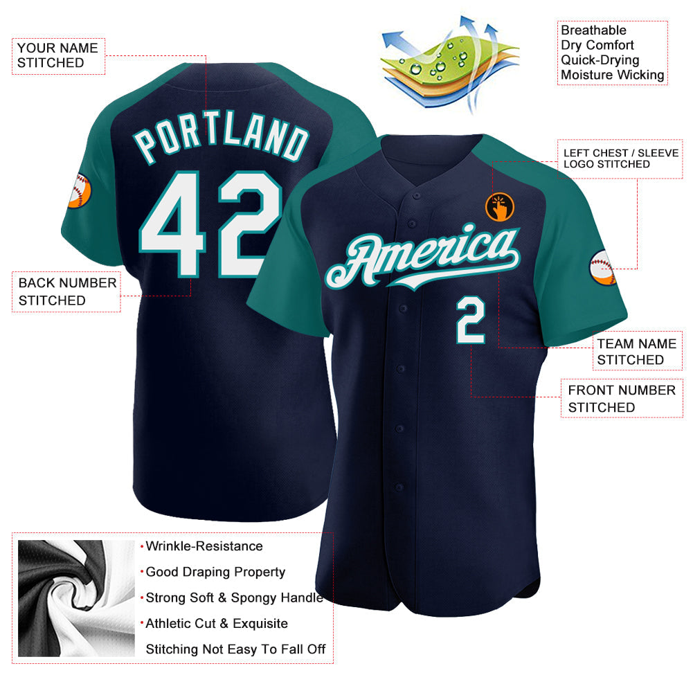 Custom Navy White-Teal Authentic Raglan Sleeves Baseball Jersey - Sky-Custom