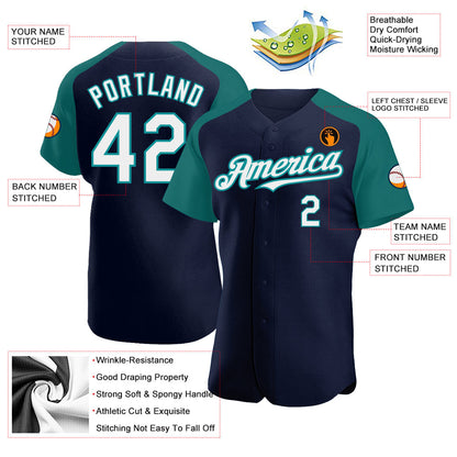 Custom Navy White-Teal Authentic Raglan Sleeves Baseball Jersey - Sky-Custom