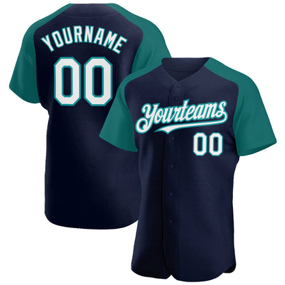 Custom Navy White-Teal Authentic Raglan Sleeves Baseball Jersey - Sky-Custom