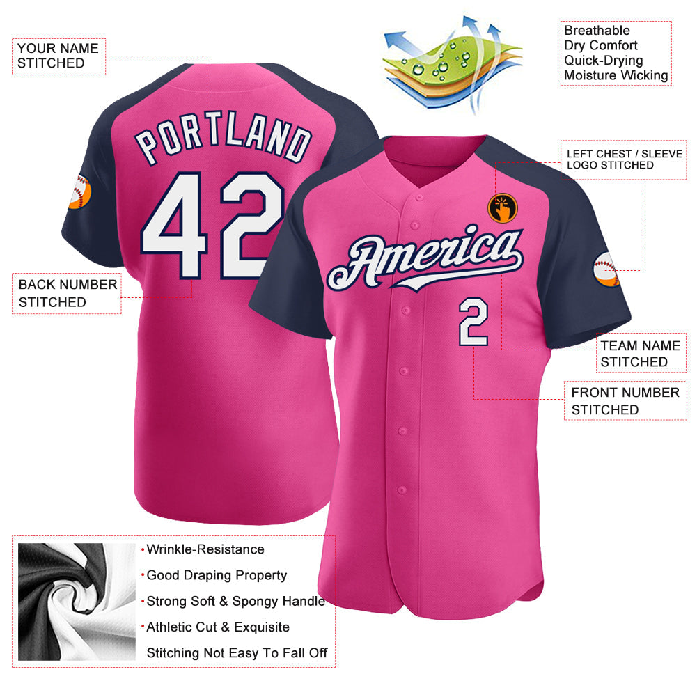 Custom Pink White-Navy Authentic Raglan Sleeves Baseball Jersey - Sky-Custom