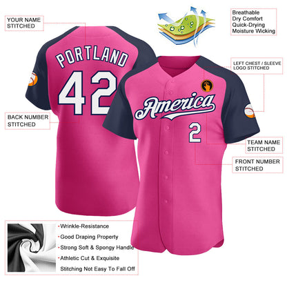 Custom Pink White-Navy Authentic Raglan Sleeves Baseball Jersey - Sky-Custom