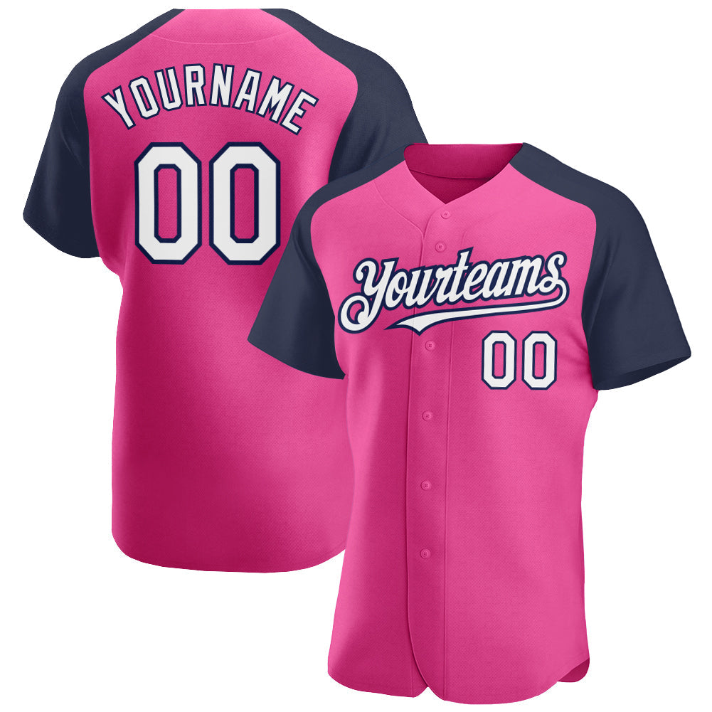 Custom Pink White-Navy Authentic Raglan Sleeves Baseball Jersey - Sky-Custom