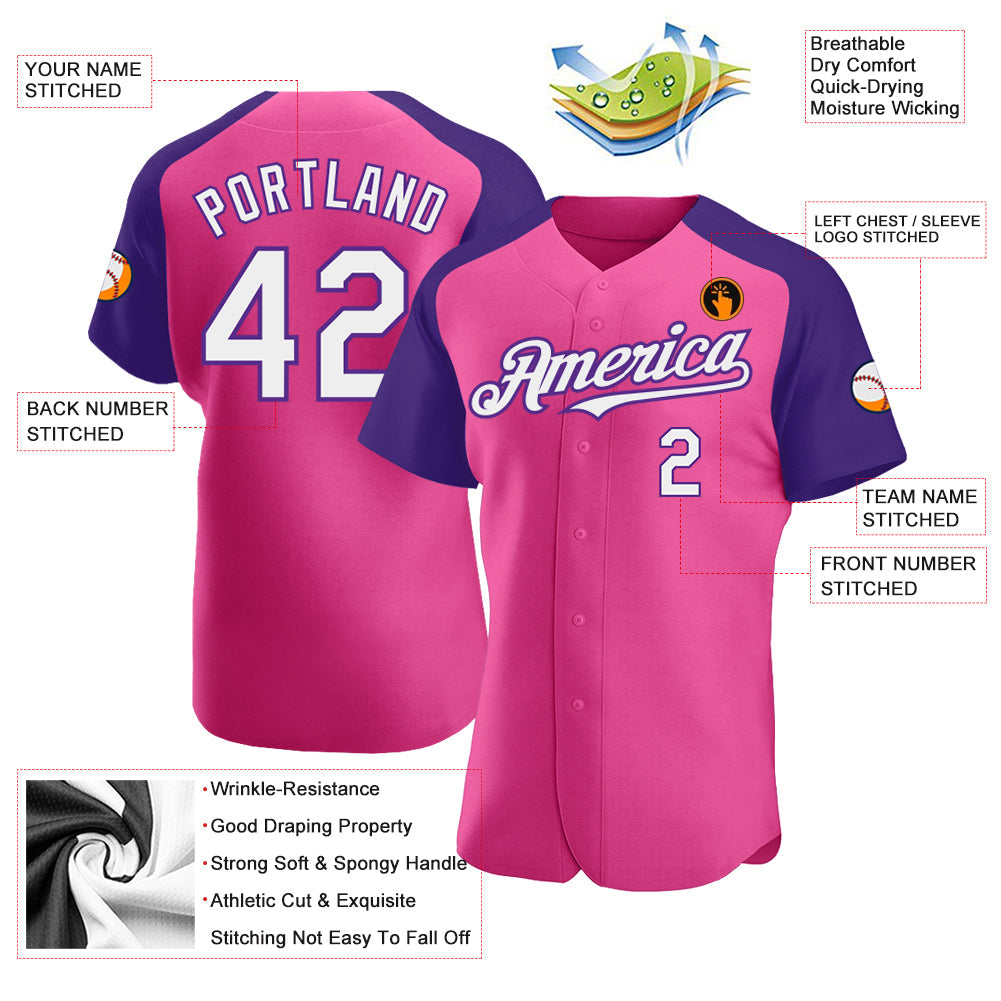 Custom Pink White-Purple Authentic Raglan Sleeves Baseball Jersey - Sky-Custom