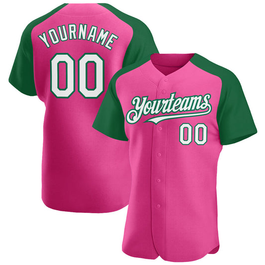 Custom Pink White-Kelly Green Authentic Raglan Sleeves Baseball Jersey - Sky-Custom