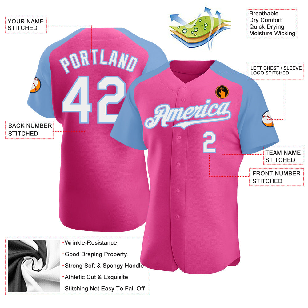 Custom Pink White-Light Blue Authentic Raglan Sleeves Baseball Jersey - Sky-Custom