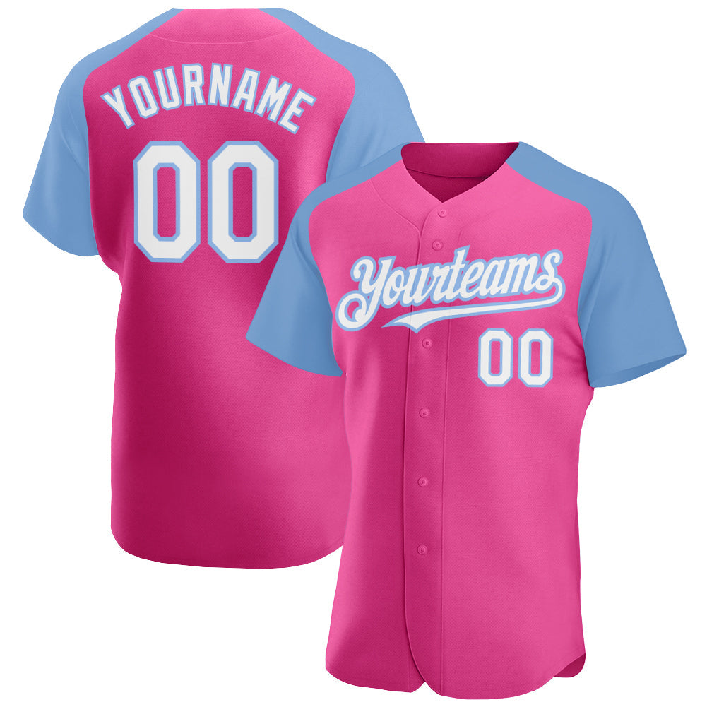 Custom Pink White-Light Blue Authentic Raglan Sleeves Baseball Jersey - Sky-Custom