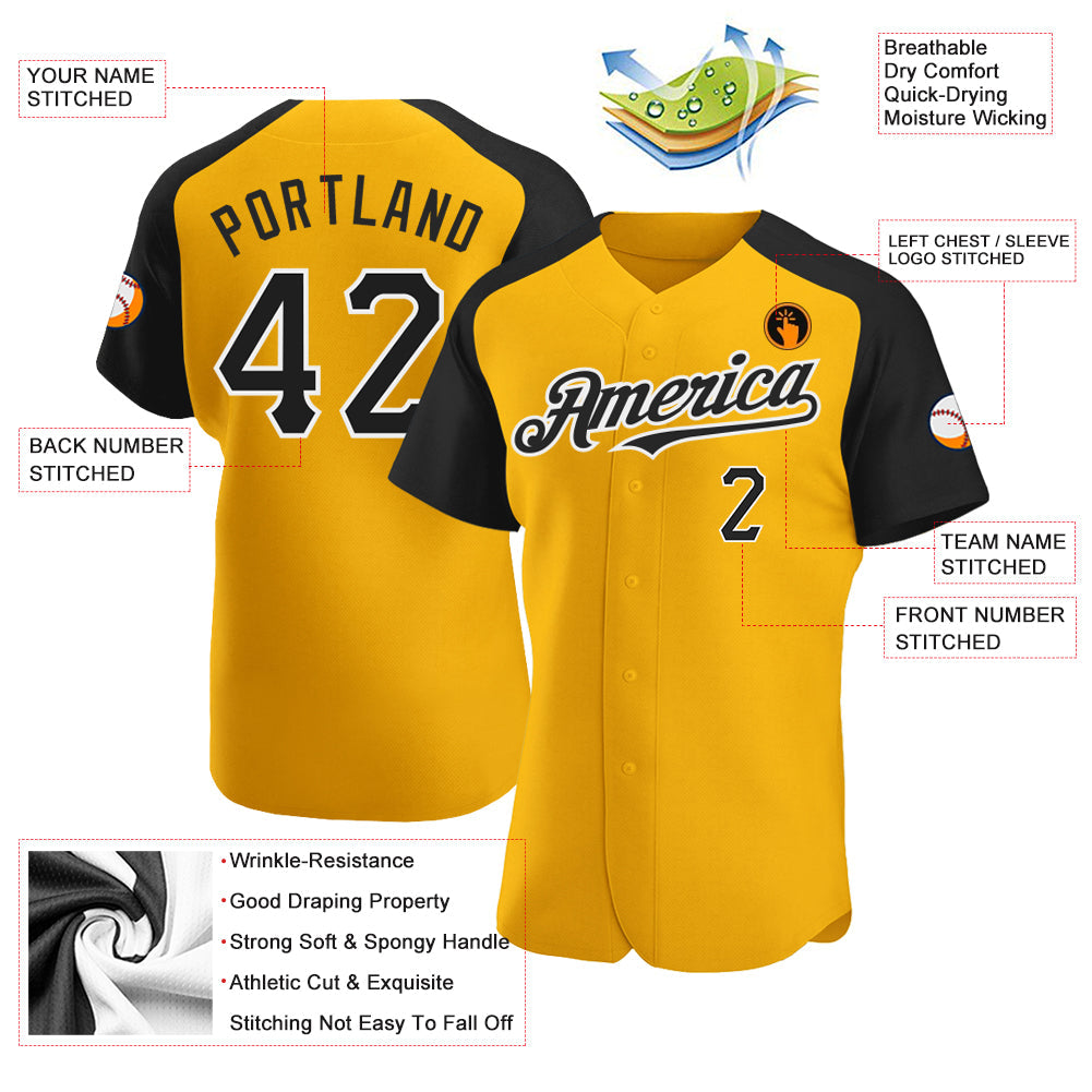 Custom Gold Black-White Authentic Raglan Sleeves Baseball Jersey - Sky-Custom