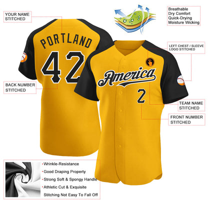Custom Gold Black-White Authentic Raglan Sleeves Baseball Jersey - Sky-Custom