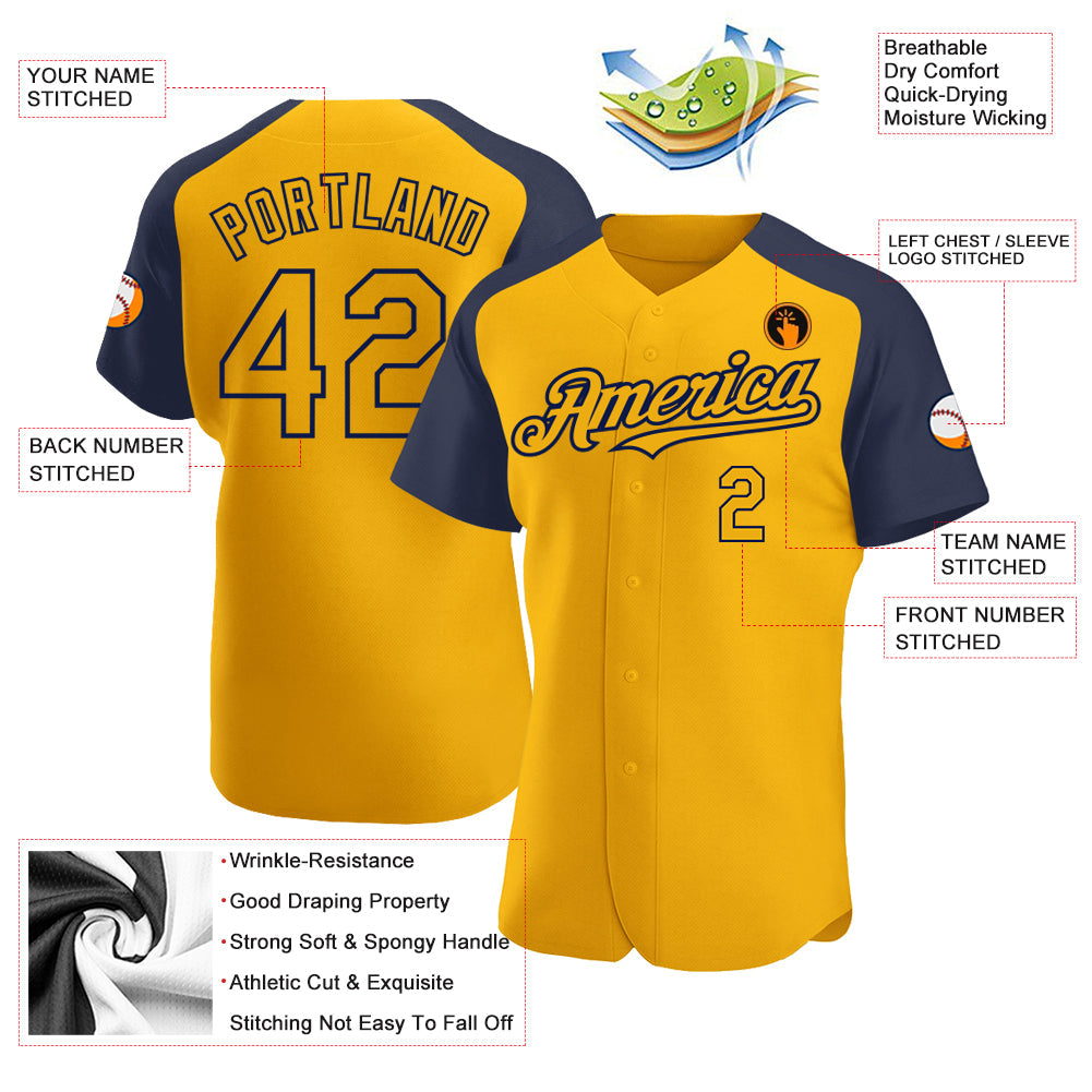 Custom Gold Navy Authentic Raglan Sleeves Baseball Jersey - Sky-Custom